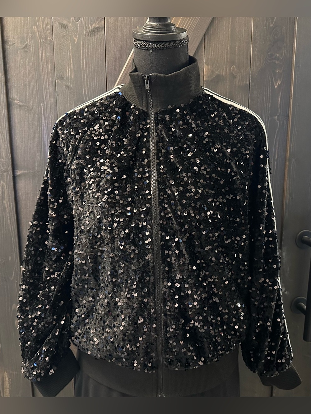 Black Sequin Zip-Front Women's Jogging Suit Jacket - Size S